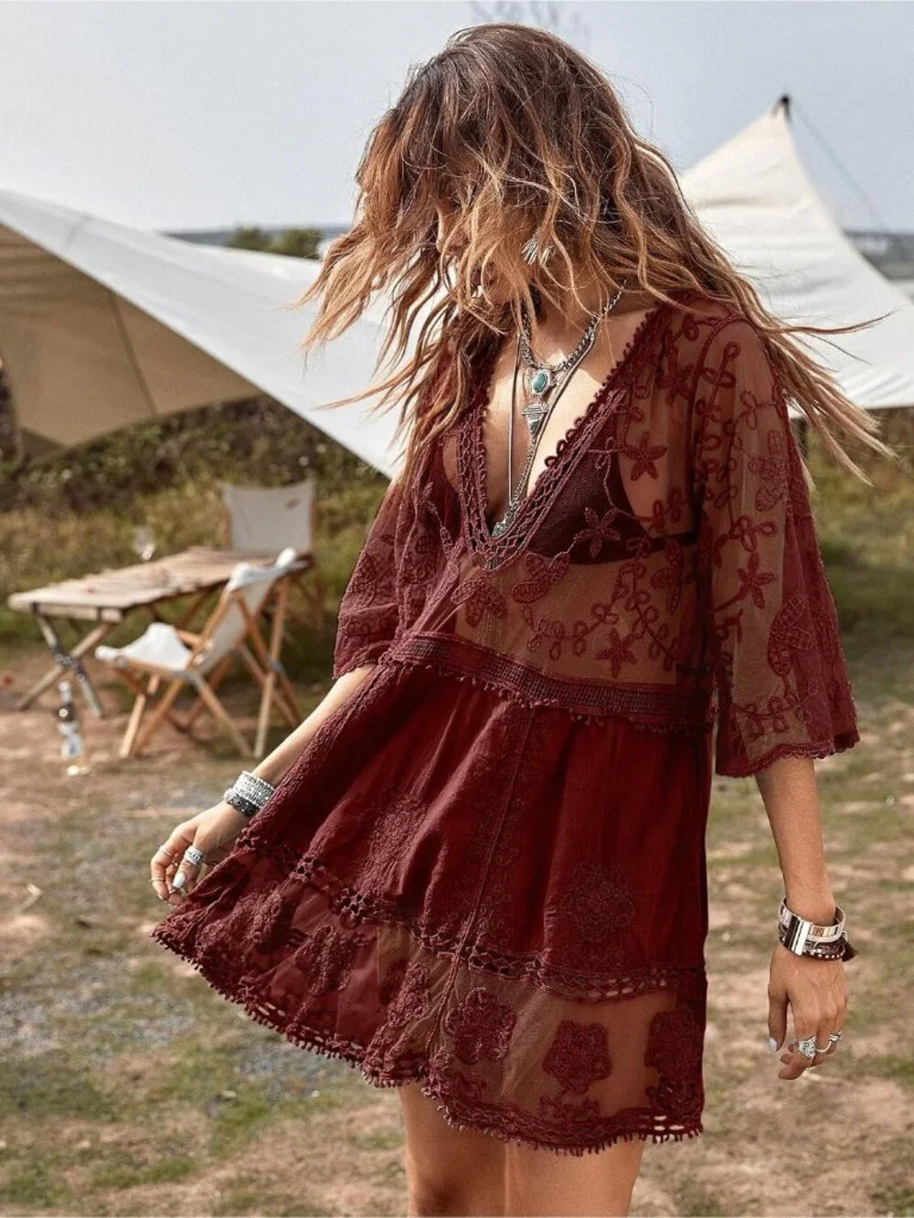 Womens Wine Red Rayon V-Neck Coverup Mesh Lace Bathing Suit Swimsuit Coverup